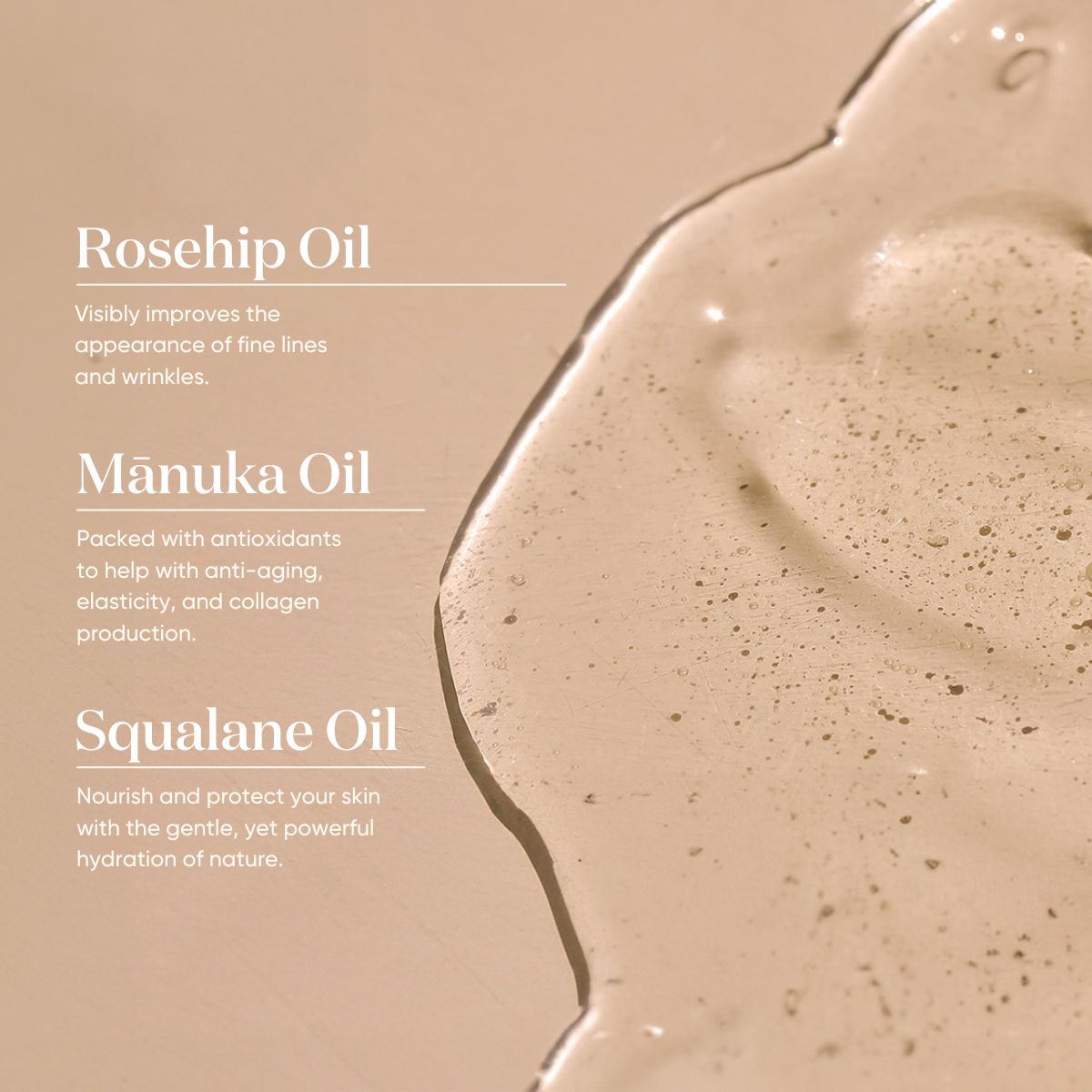 ManukaRx Gentle Oil Cleanser ingredients listed on a background of the cleanser swatch
