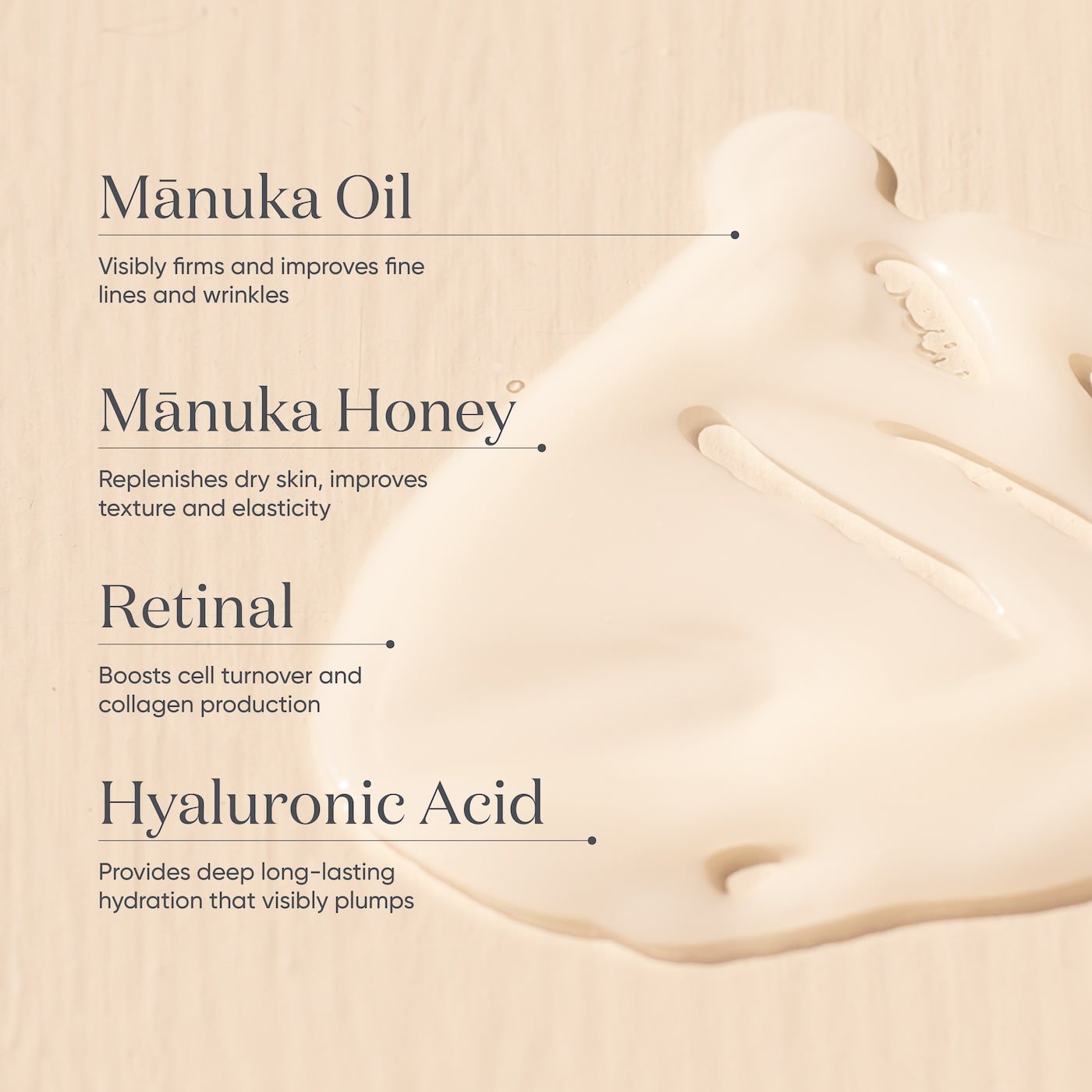 ManukaRx Firming Serum product ingredients listed next to product swatch