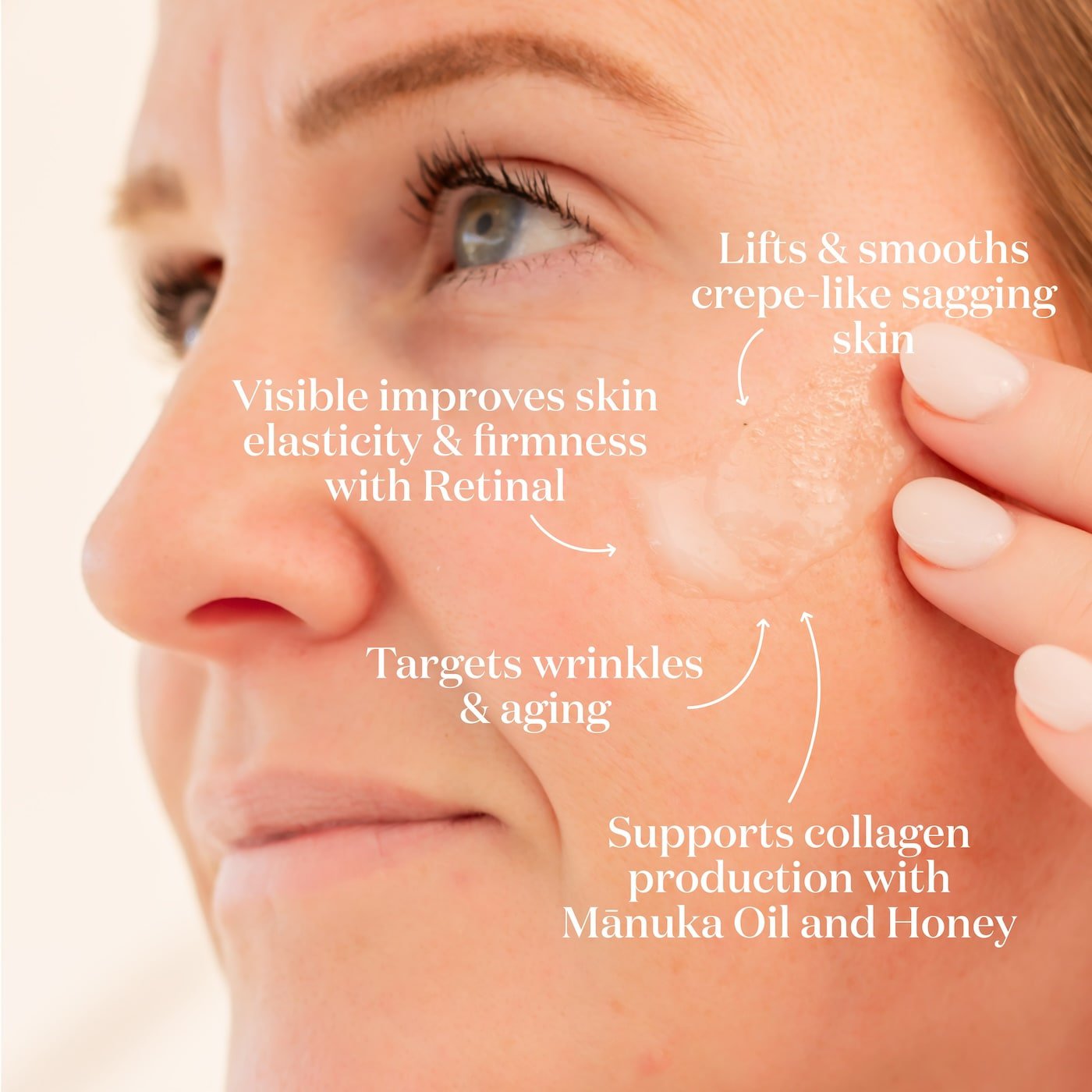 ManukaRx Firming Serum product benefits listed around a background image of a product swatch on woman's face