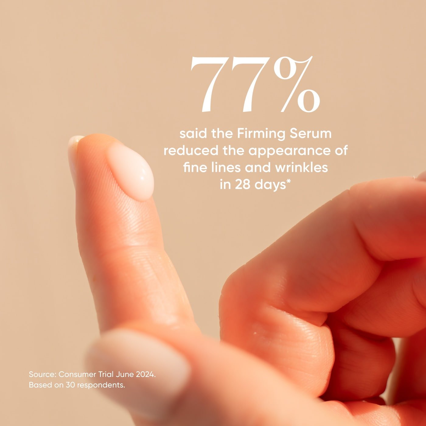 Consumer trial data on ManukaRx Firming Serum with background of product on finger