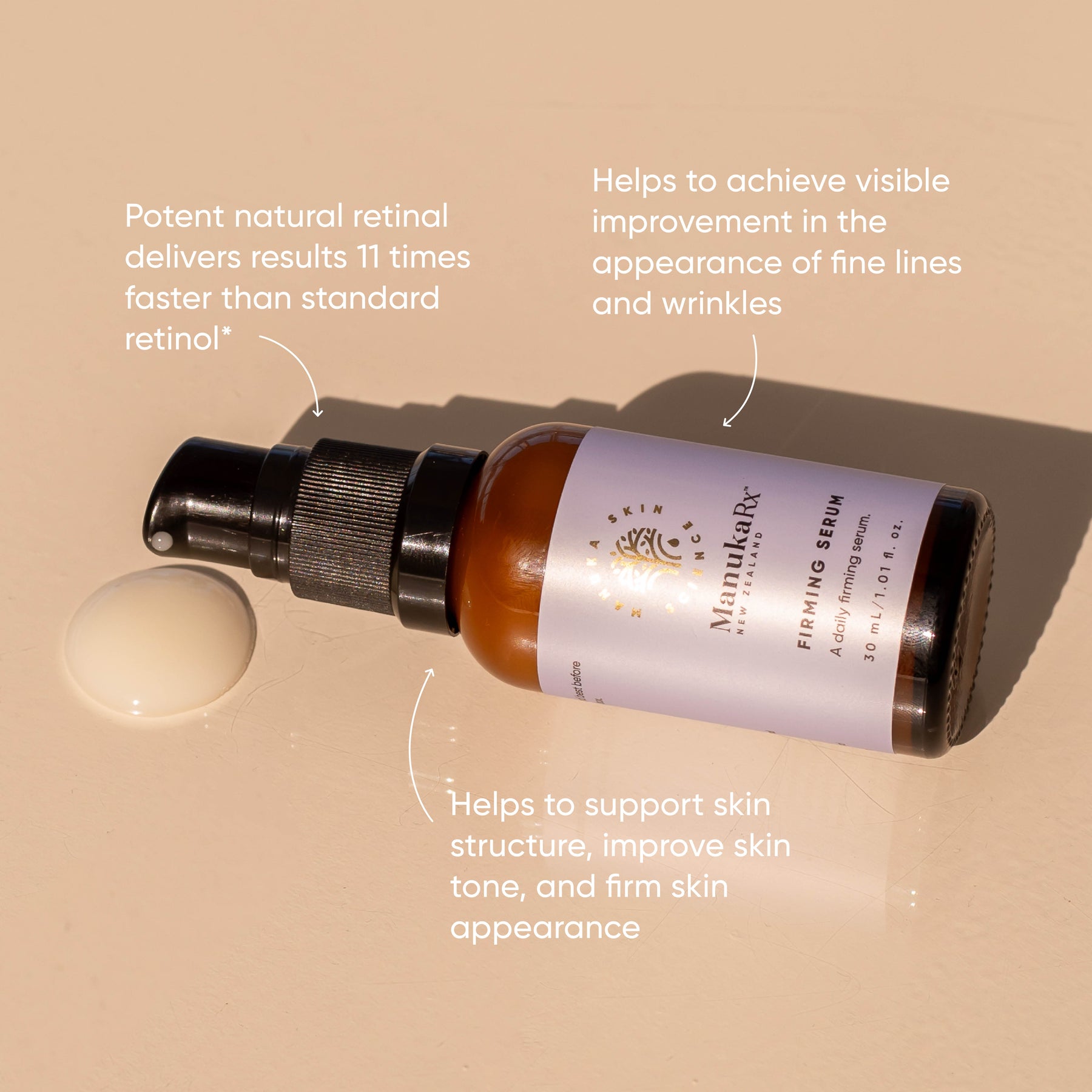 Bottle of ManukaRx Firming Serum with product pumped out beside it surrounded by product benefits listed  around the bottle