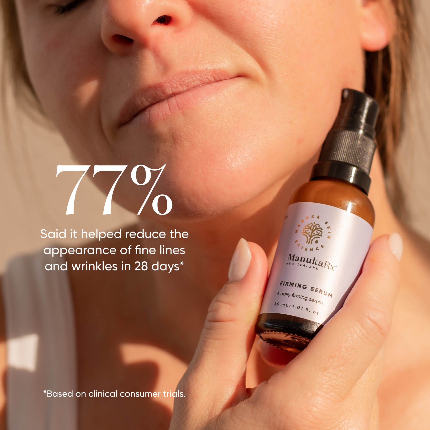 Consumer trial data listed with a background of a woman holding bottle of ManukaRx Firming Serum