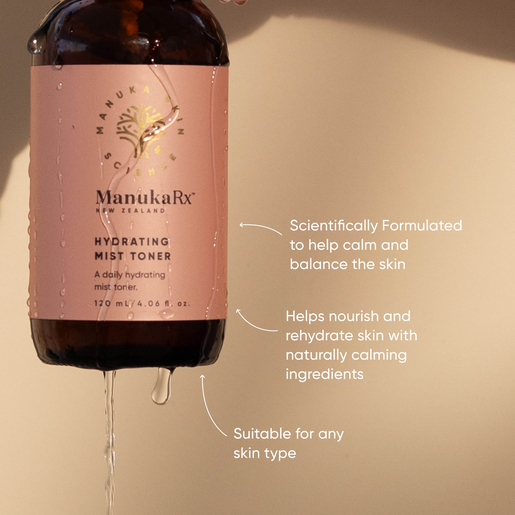 ManukaRx Hydrating Mist Toner product benefits listed around wet toner bottle