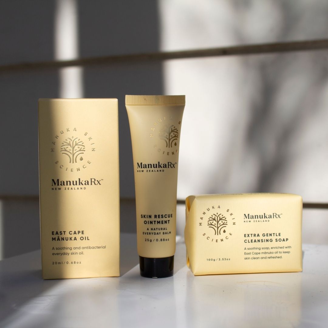 ManukaRx East Cape Manuka Oil, Skin Rescue Ointment and Extra Gentle Cleansing Soap products side by side