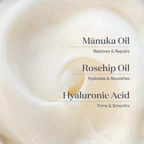 ManukaRx Firming Day Cream product ingredients listed on a cream coloured product swatch background 