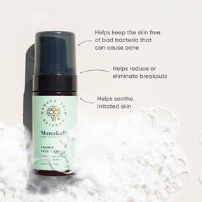 ManukaRx Foaming Face Wash product benefits listed around bottle of Foaming Face Wash