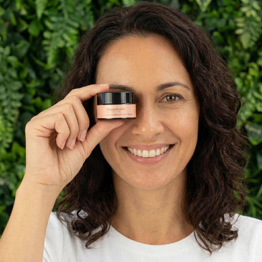 Woman holding jar of ManukaRx Restorative Eye Cream